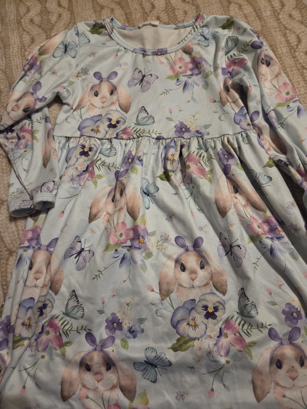 Pastel Bunny Floral Long Sleeve Dress - Light Blue